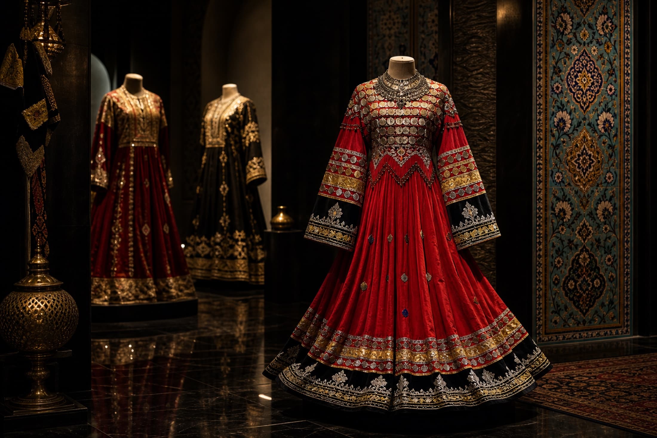 Cinematic gallery display of Afghan traditional dresses with dark stone, gold light, and lapis tile details.