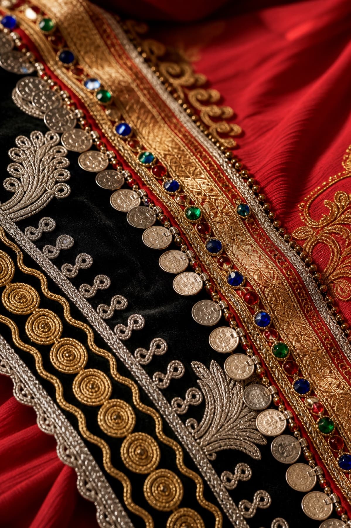 Macro detail of Afghan embroidery, coinwork, and gold thread.