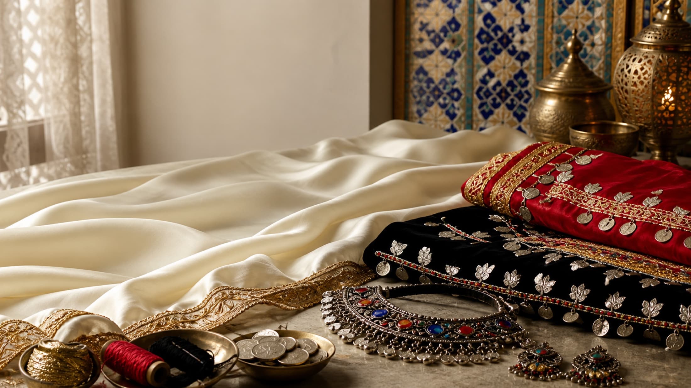 Folded Afghan textiles in red, gold, and ivory laid out as a styling flatlay.