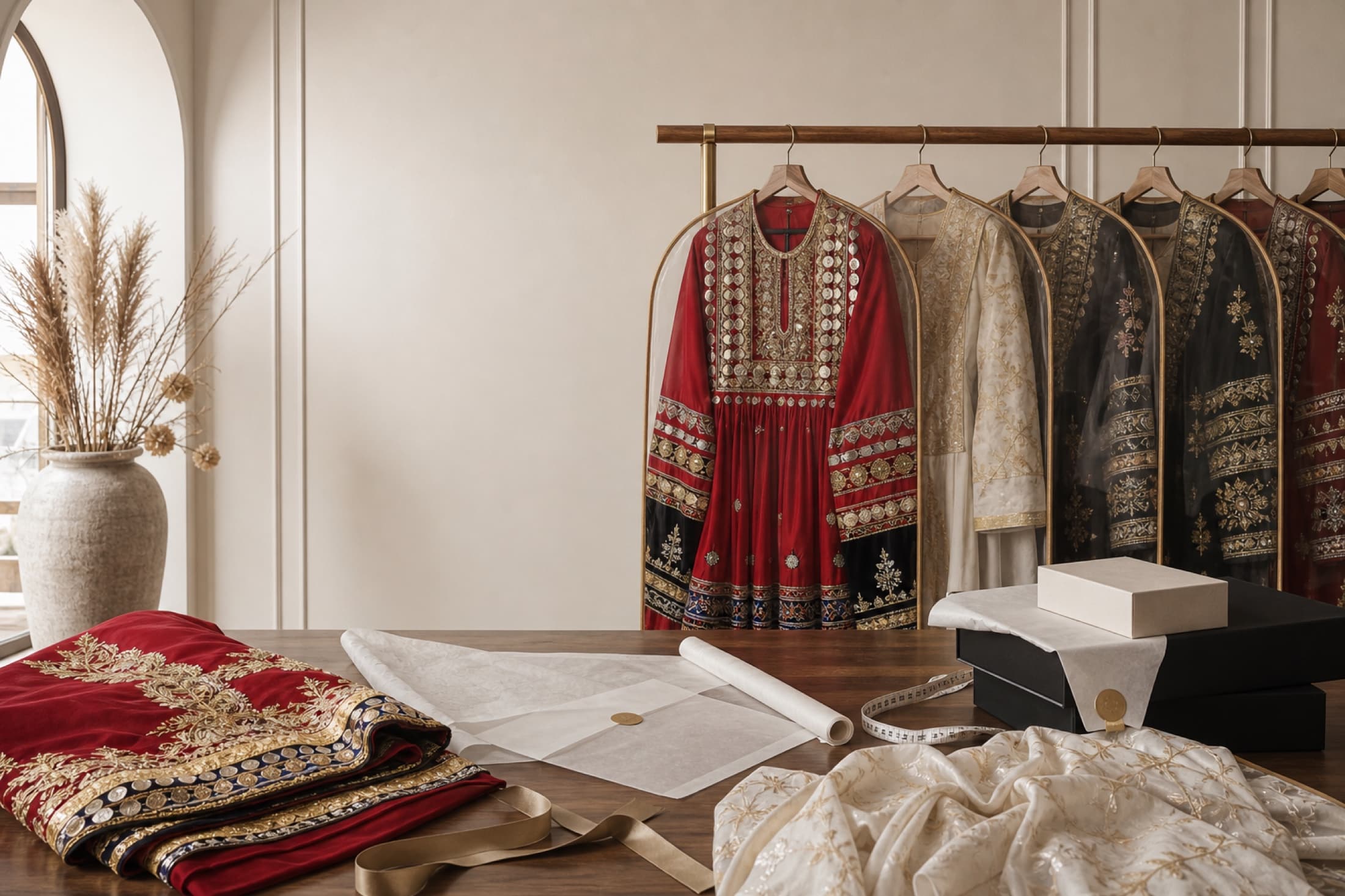 Editorial boutique atelier with Afghan dresses on a rail, folded textiles, and a measuring tape.
