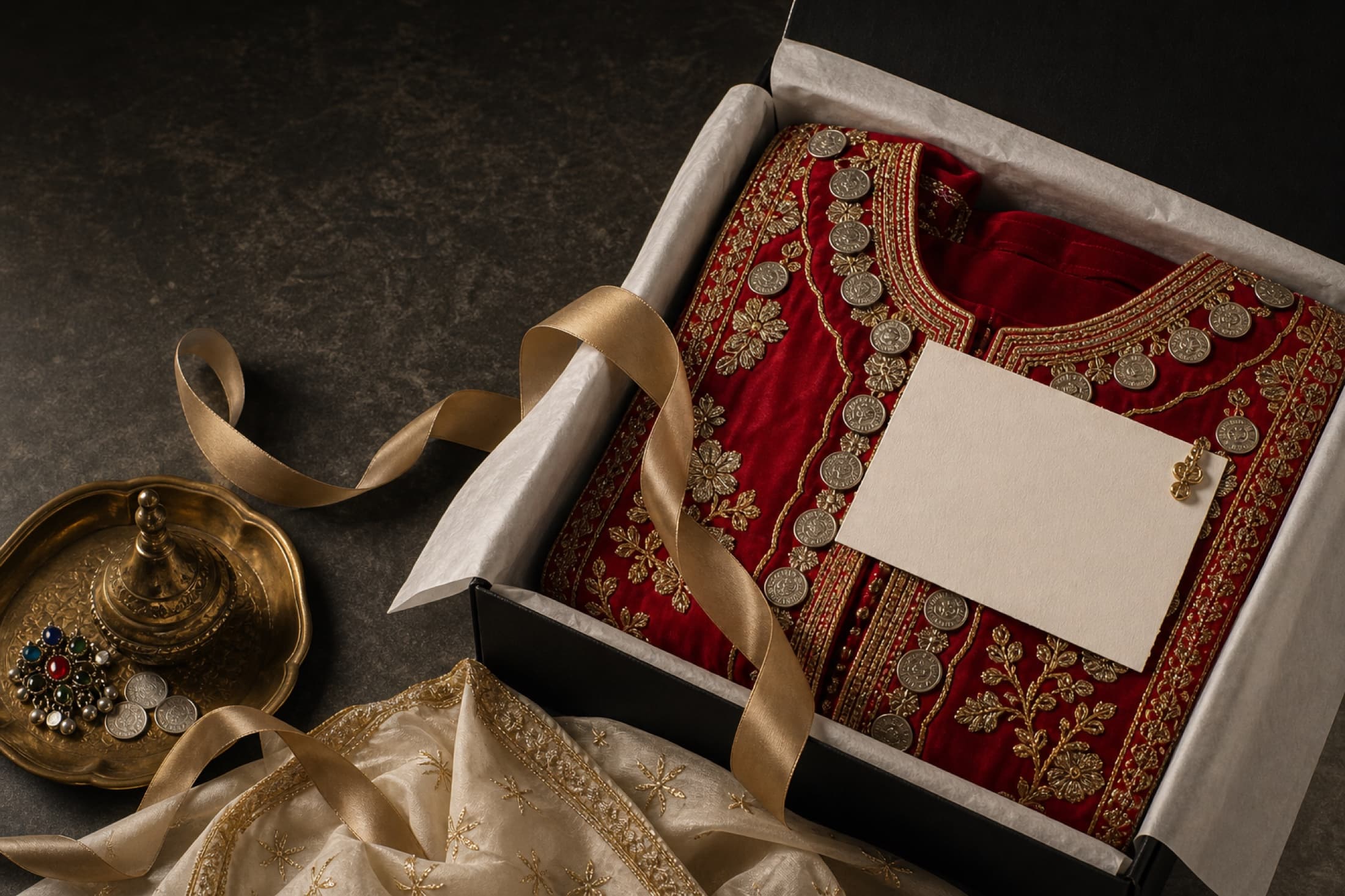 Luxury Afghan dress packaging with tissue, ribbon, and a folded red garment.