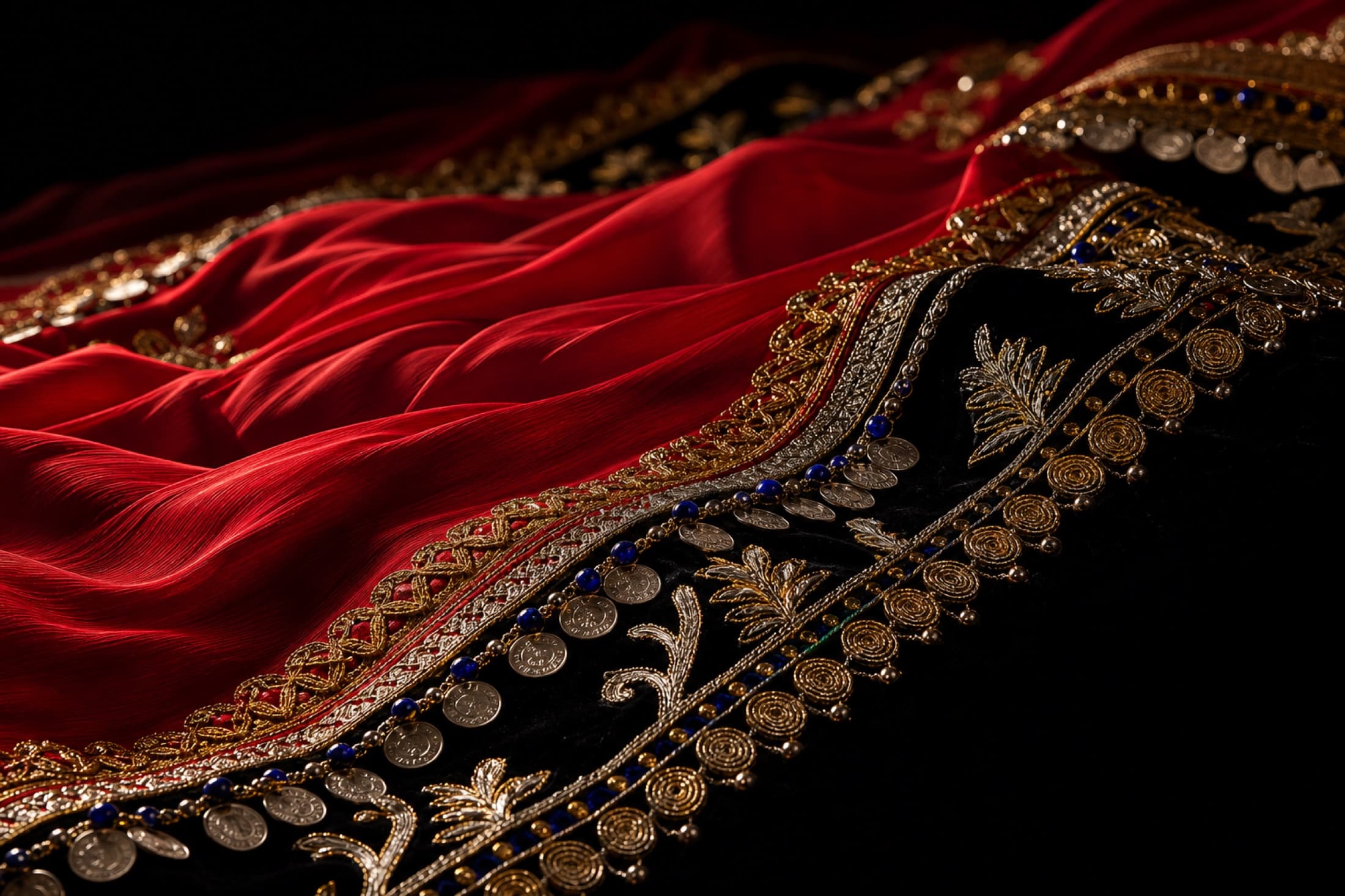 Dark macro textile waves with red silk, black velvet, gold embroidery, silver coins, and lapis beads.